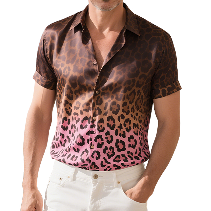Men's Spring And Summer Fashion Casual Satin Gradient Leopard Print Short Sleeve Shirt MTA2423F1K