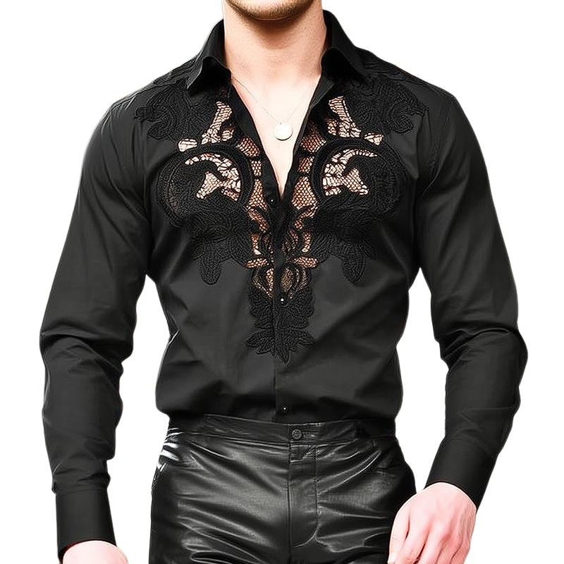 Men's Retro Black Embroidered Long Sleeve Shirt MTA2194H0U