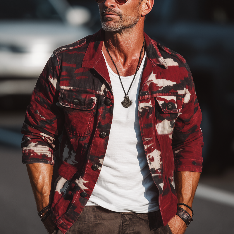 Men's Spring And Autumn Retro Lapel Leopard Button Jacket MTA1442H6U