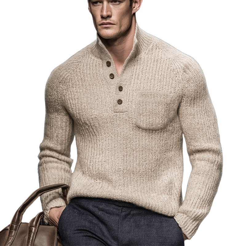 Men's Classic Light Khaki Stand Collar Knitted Sweater MTA2218J1U