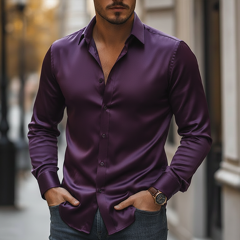 Men's Vintage Solid Color Satin Long-sleeved Button-down Shirt MTA2315L3P