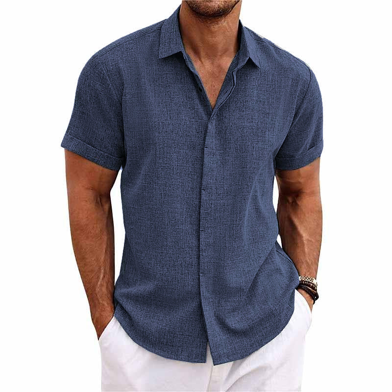 Camisa de lino y algodón con solapa de color liso para hombre, manga corta, 82339241X