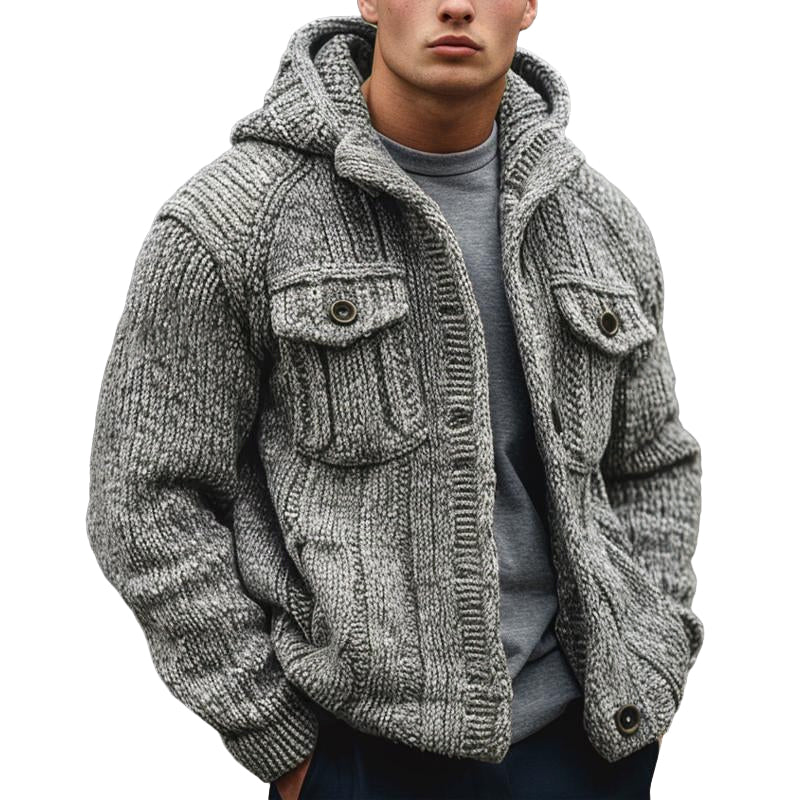 【Livraison en 24 heures】Cardigan en tricot à capuche texturé rayé de couleur unie pour hommes 59382802X