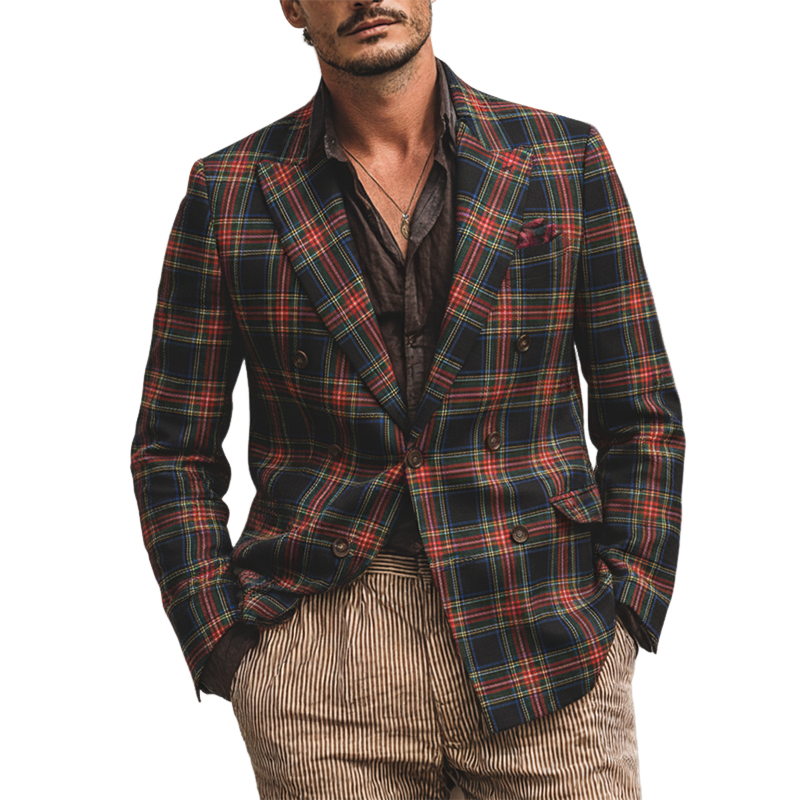 Men's Retro Plaid Print Lapel Blazer  MTA2471K7X
