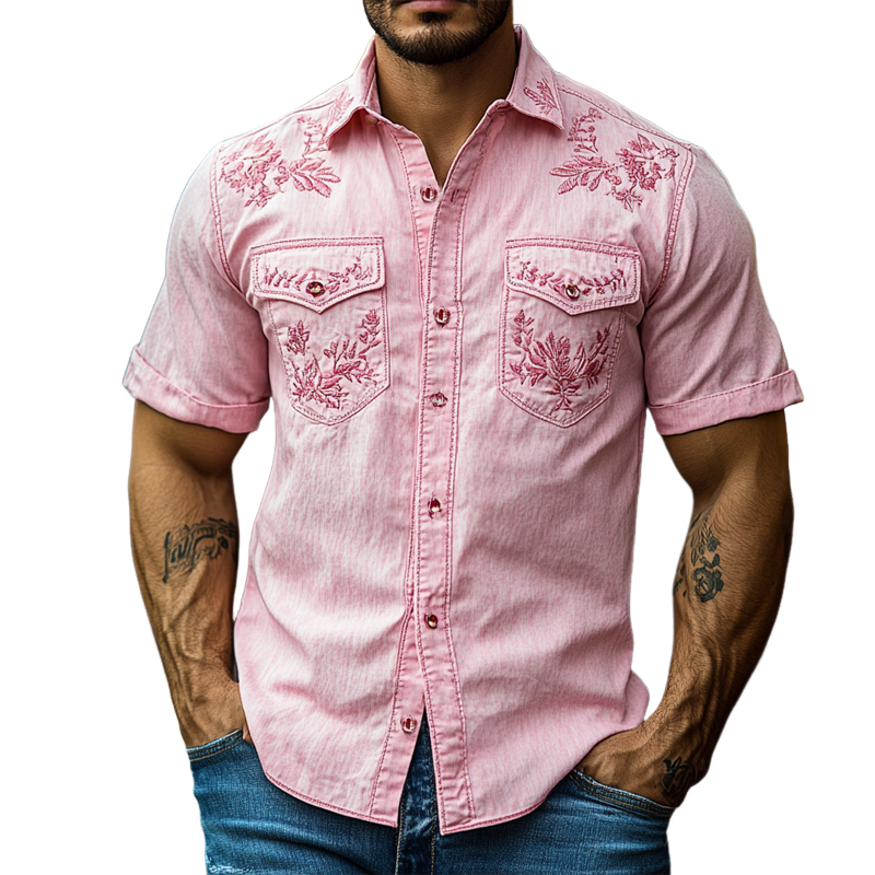 Men's Casual Pink Vintage Embroidered Blended Short-sleeved Shirt 49648498U