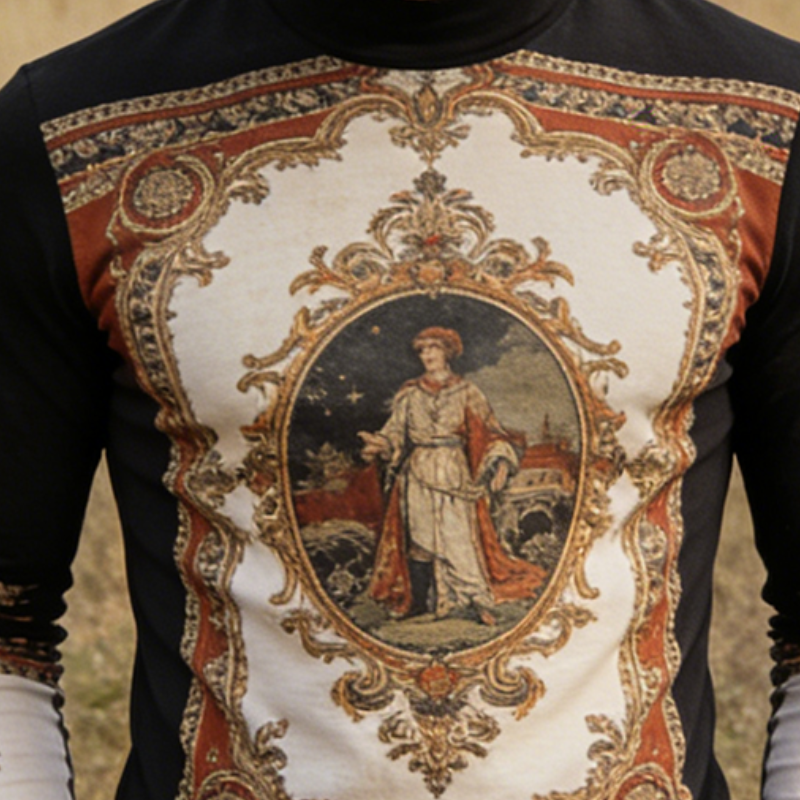 Men's Retro Casual Baroque Print Crew Neck Long Sleeve T-shirt MTA1247L1TO