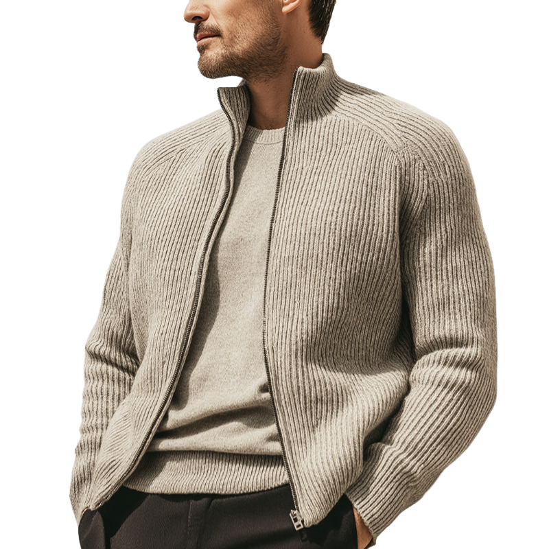 Men's Business Casual Stand-collar Striped Textured Zip-up Knit Cardigan MTA2692K4U