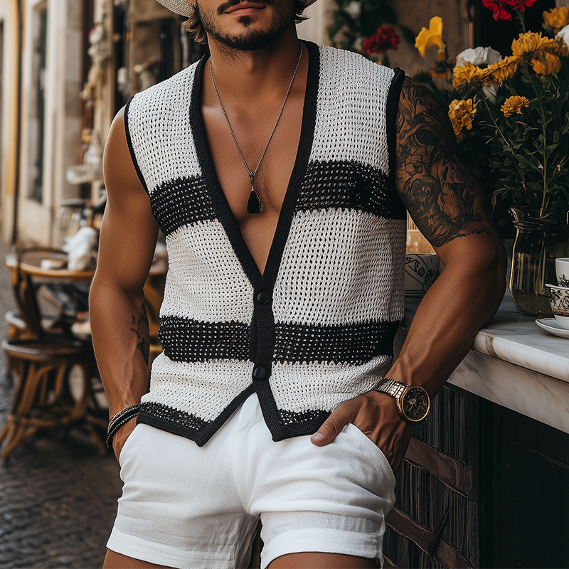 Men's Summer Fashion Casual Black And White Horizontal Striped Deep V-neck Knitted Vest MTA2680F3K