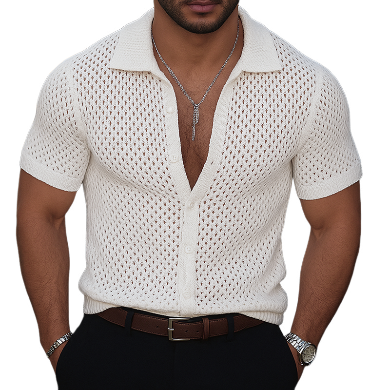 Men's Solid Hollow Knit Lapel Short Sleeve Shirt MTA2335F5Z
