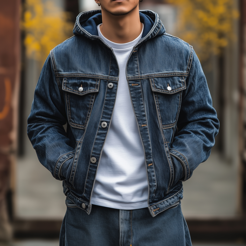 Men's Casual Outdoor Denim Washed Distressed Hooded Single-breasted Loose Bomber Jacket MTA1405H6M