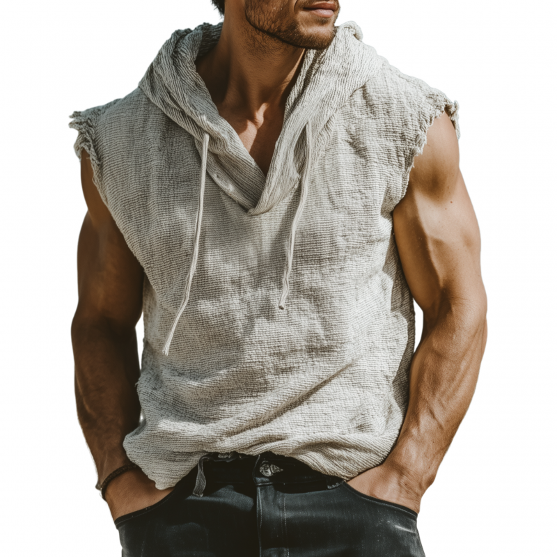 Men's Casual Breathable Cotton Linen Striped Hooded Loose Raw Edge Sleeveless Tank Top MTA2306F6M