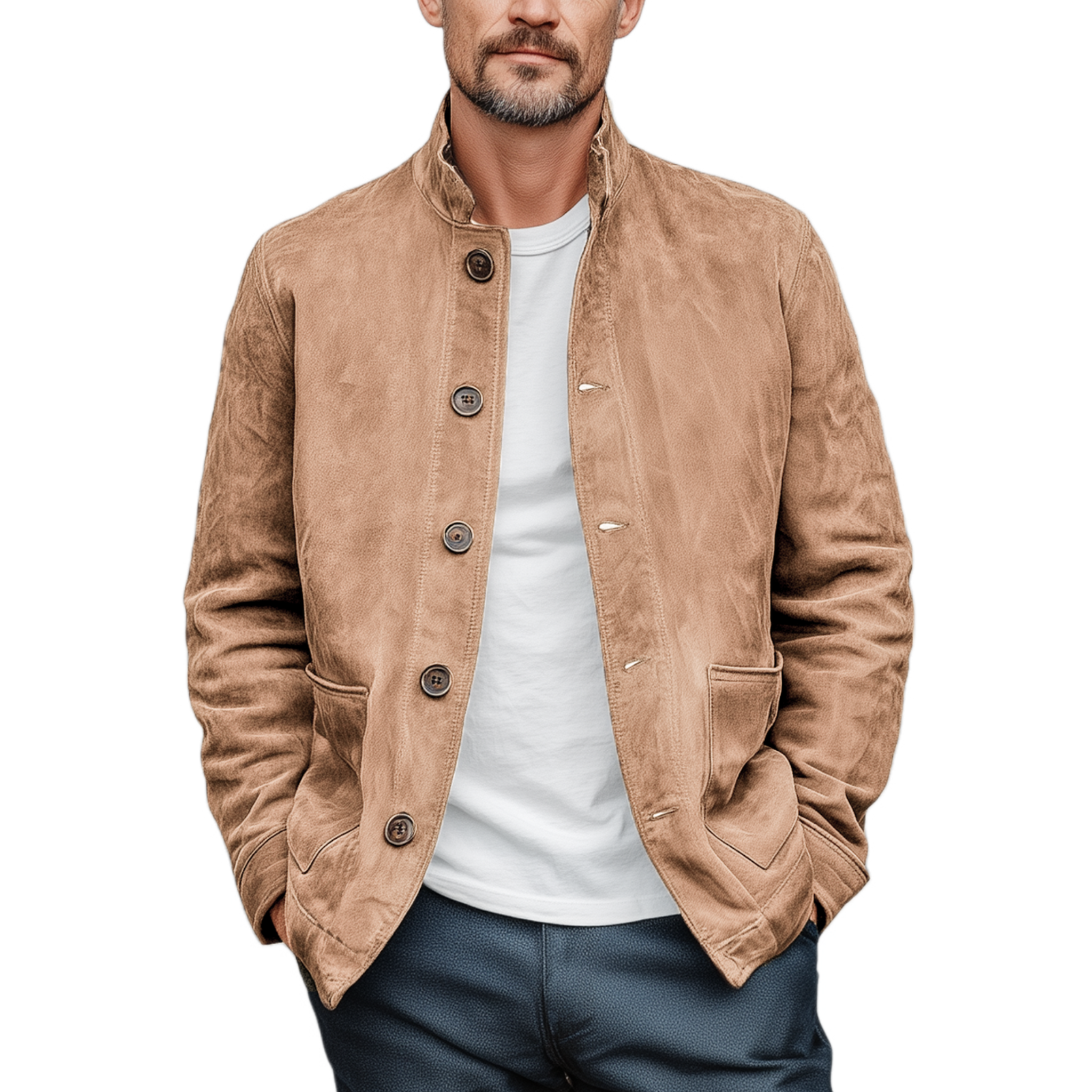 Men's Retro Casual Thin Suede Wooden Button Stand Collar Jacket MTA2517G7K