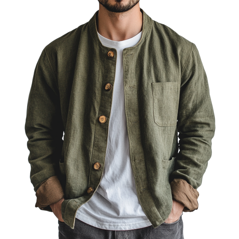 Men's Solid Color Stand Collar Cotton Blend Long Sleeve Shirt MTA2263I0X