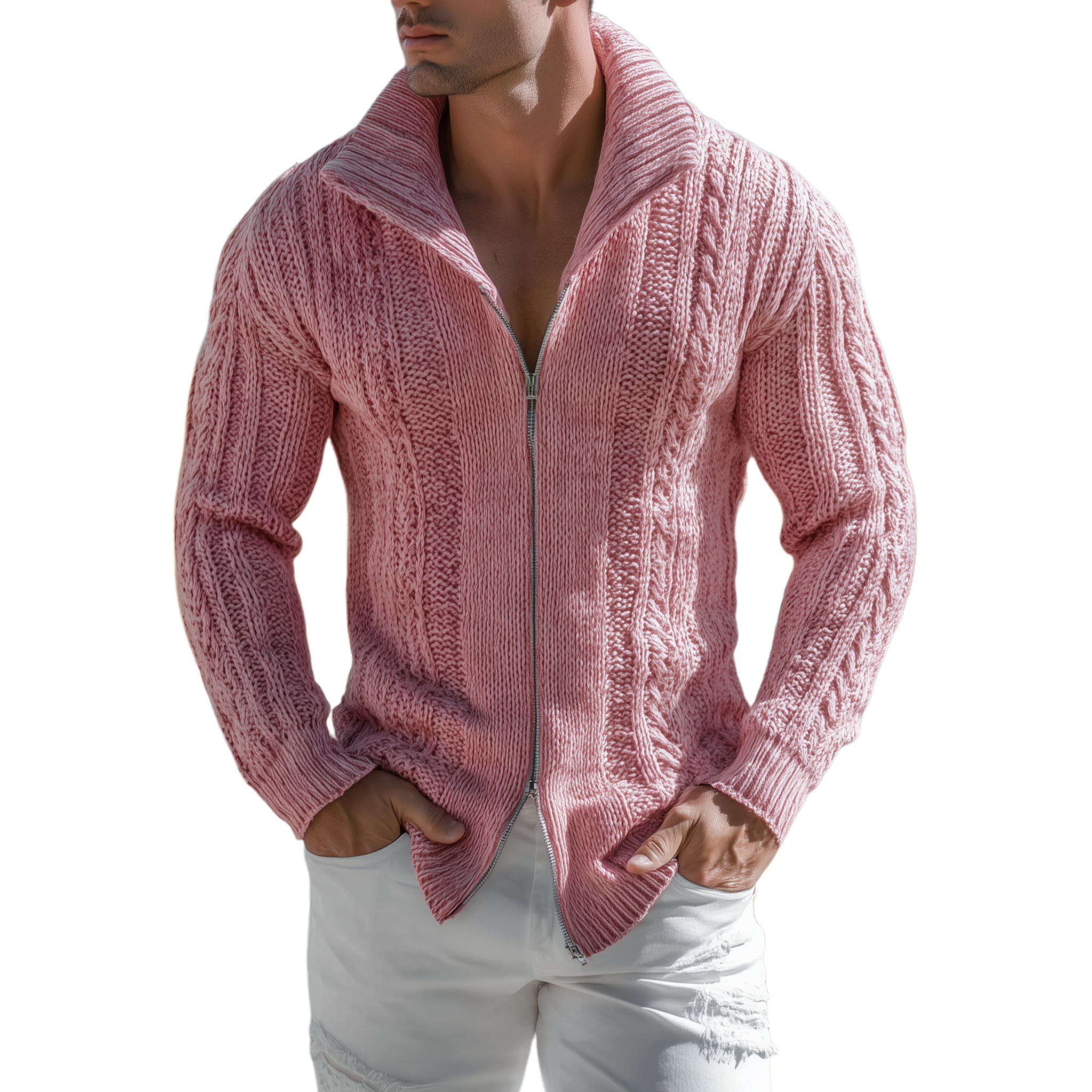 Men's Classic Casual Western Tough Style Stand Collar Zipper Slim Pink Knit Cardigan MTA0851I0K