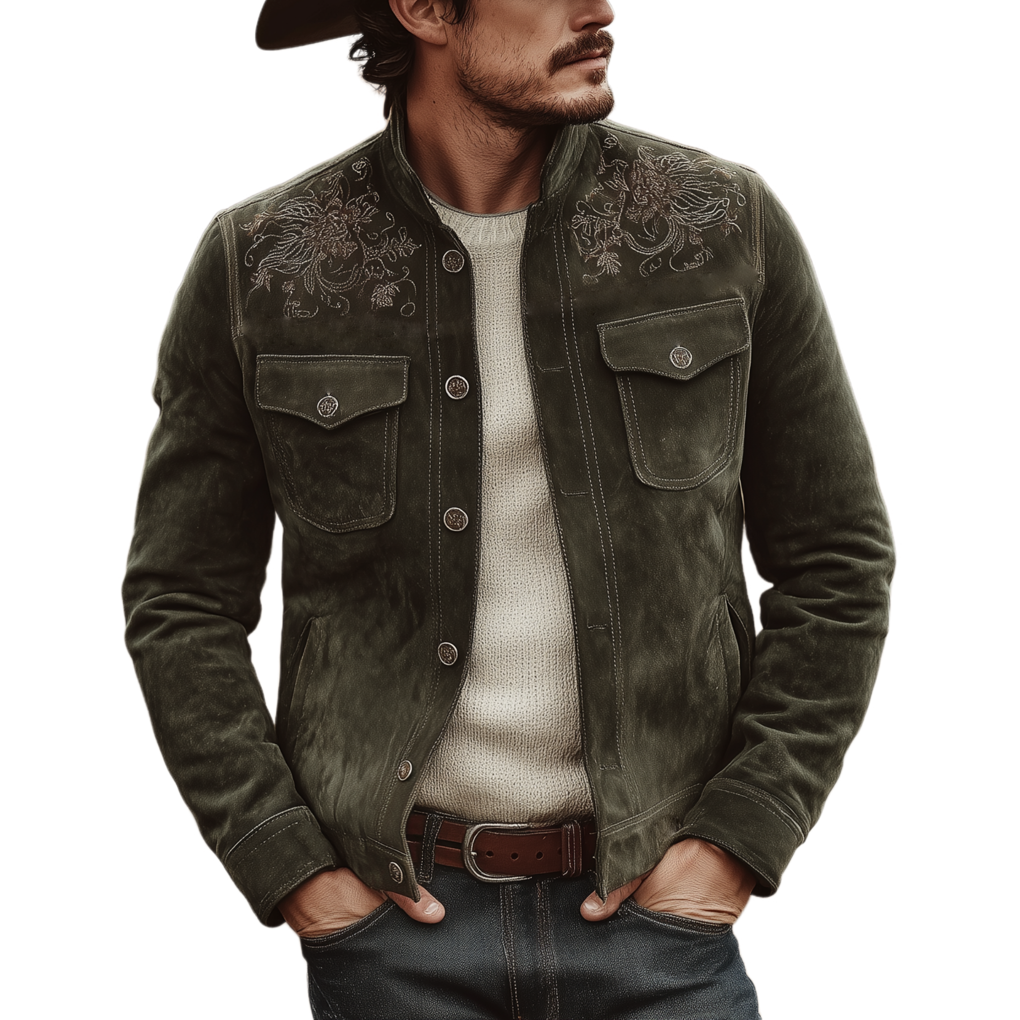 Men's Classic Retro Western Style Embroidered Stand-up Collar Faux Suede Jacket MTA2426K5K