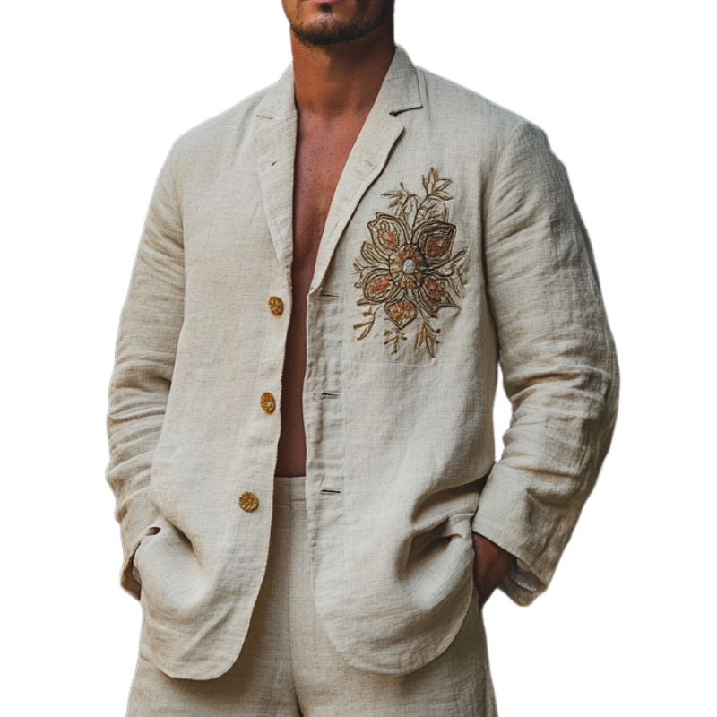 Men's Casual Comfort Linen Blend Embroidered Lapel Single Breasted Blazer 66134723F