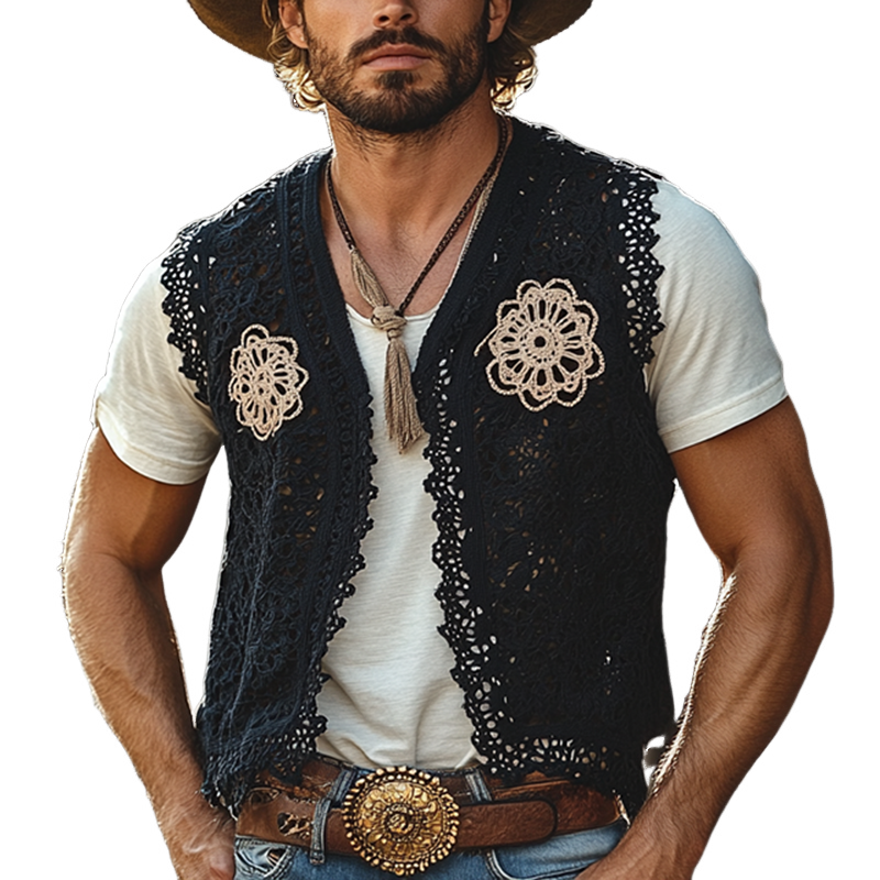 Men's Western Style Colorblock Crochet Buttonless Vest MTA1322F3Y