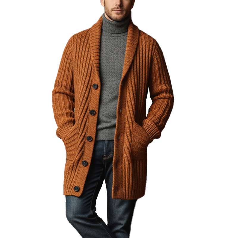 Men's Winter Fashion Shawl Collar Ribbed Cotton Yarn Knitted Mid-length Cardigan MTA1597J2P