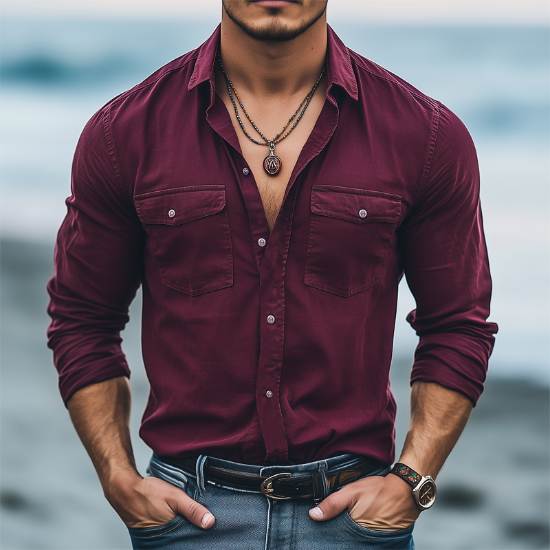 Men's Basic Solid Color Cotton Long Sleeve Shirt MTA2375G3U