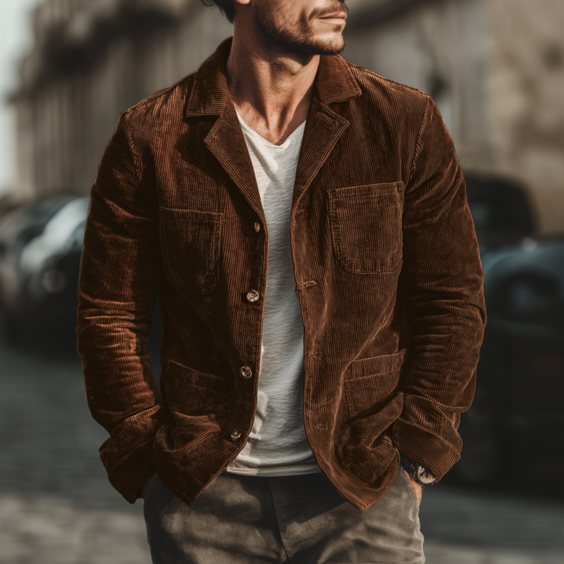 Men's Casual Solid Color Corduroy Lapel Single-breasted Patch Pocket Loose Cargo Jacket MTA3107G1M
