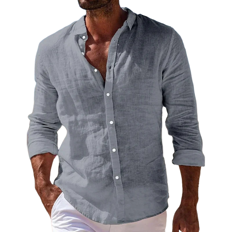 Men's Cotton And Linen Breathable Solid Color Casual Long-sleeved Shirt MTA1945G7X