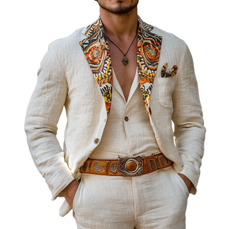 Men's Stylish Casual Linen Blend Printed Lapel Single Breasted Blazer 03730952F