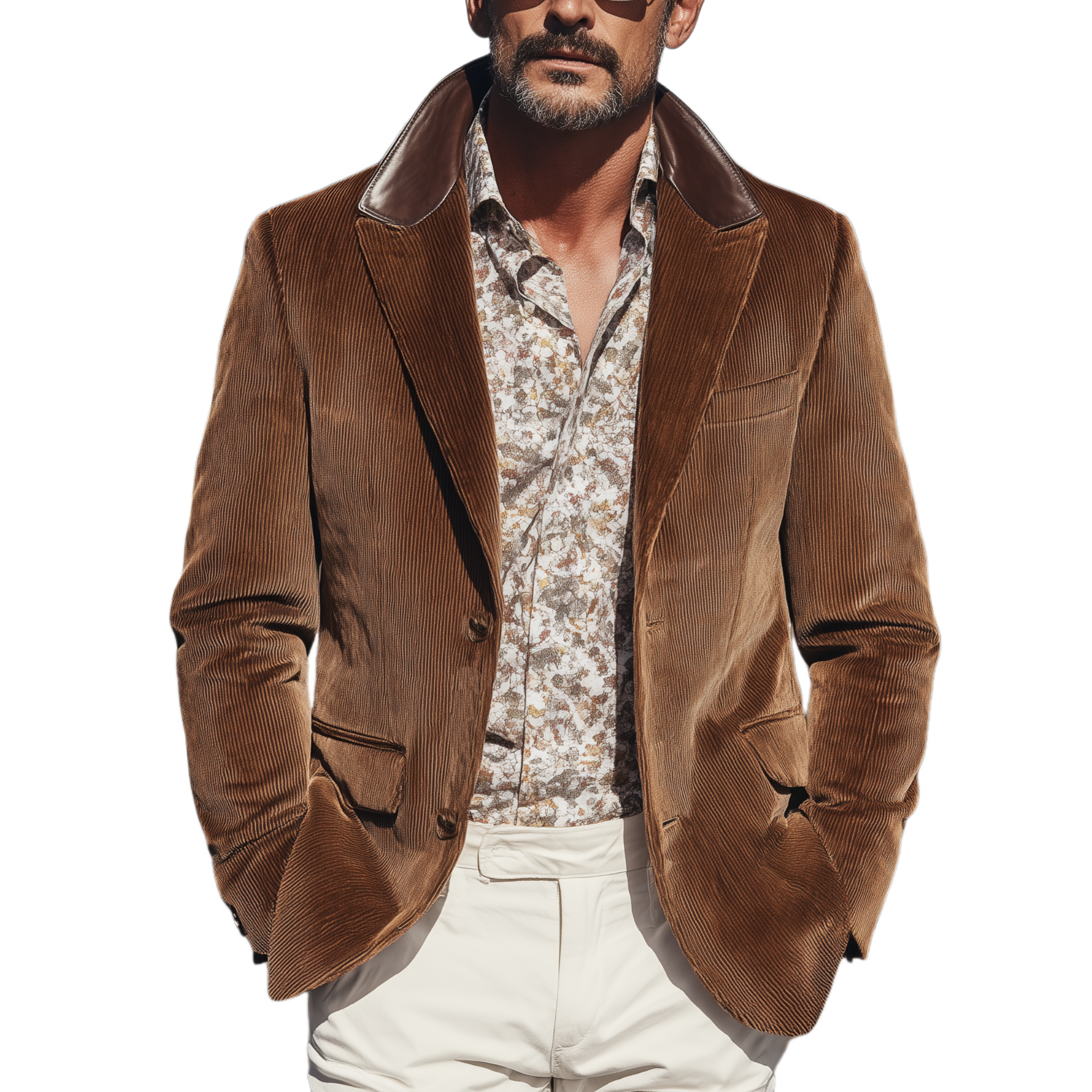 Men's Classic Retro Western Style Collar Stitching PU Leather Single-breasted Corduroy Blazer MTA1231H0K