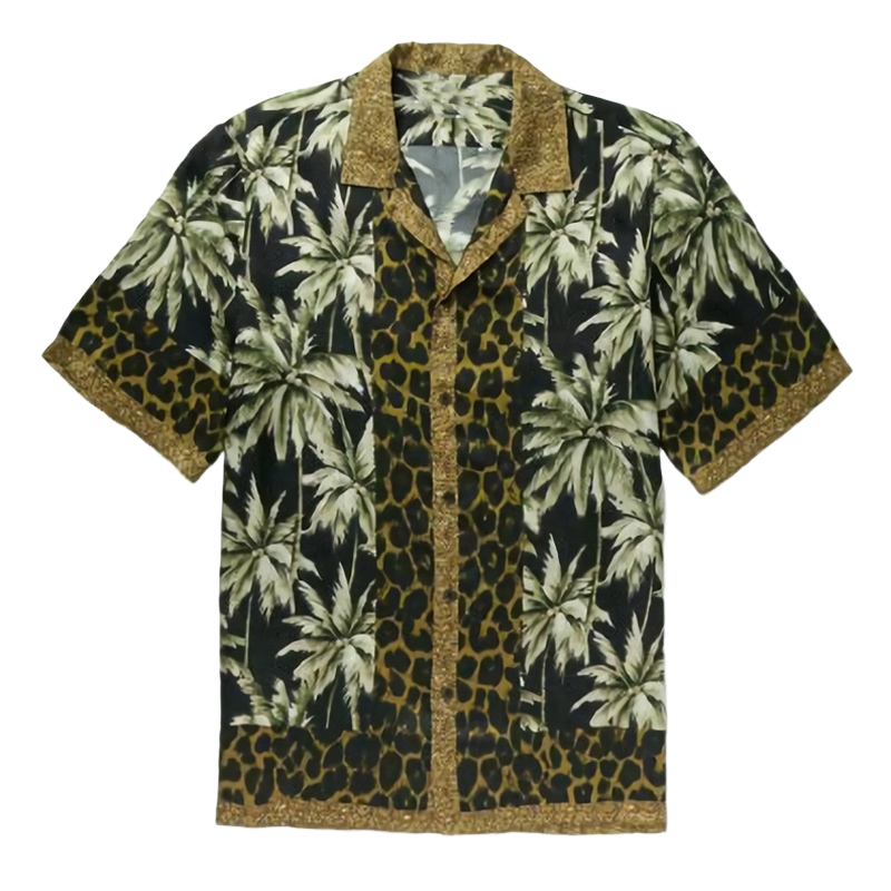 Men's Vintage Leopard Coconut Tree Print Short Sleeve Shirt 09623133U