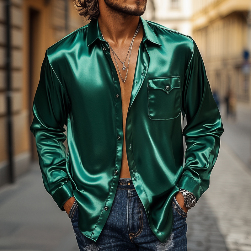 Men's Vintage Elegant Solid Color Breathable Satin Lapel Chest Pocket Loose Long Sleeve Shirt MTA1669F0M
