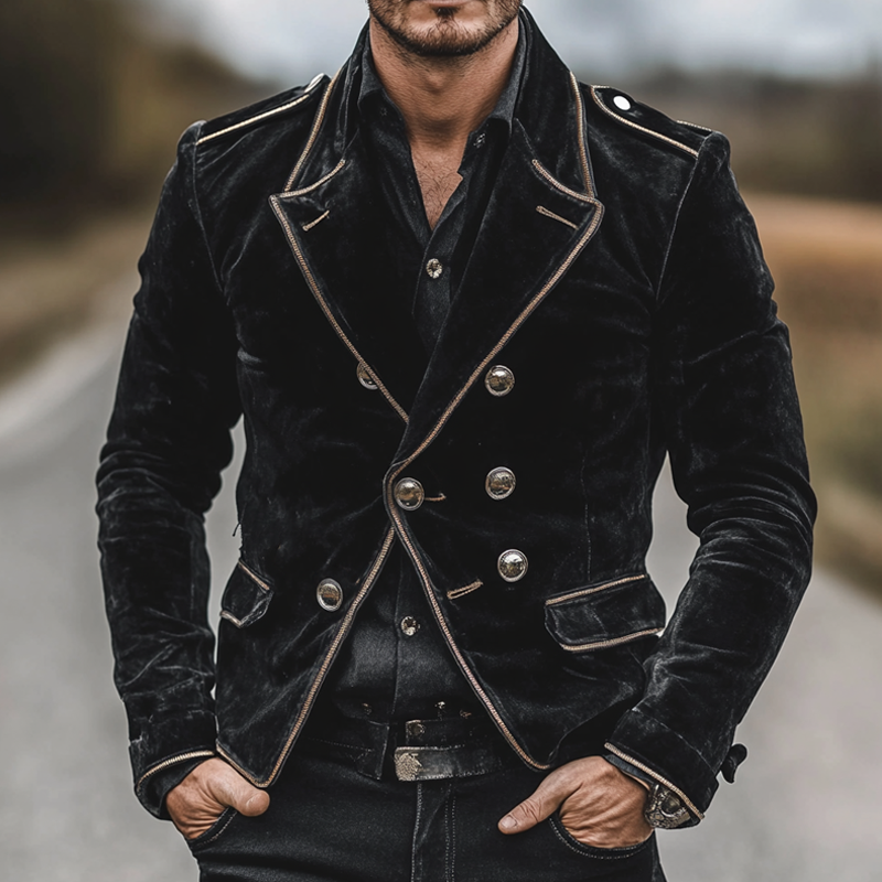 Men's Vintage Solid Velvet Contrast Trim Double Breasted Jacket MTA1861I7X