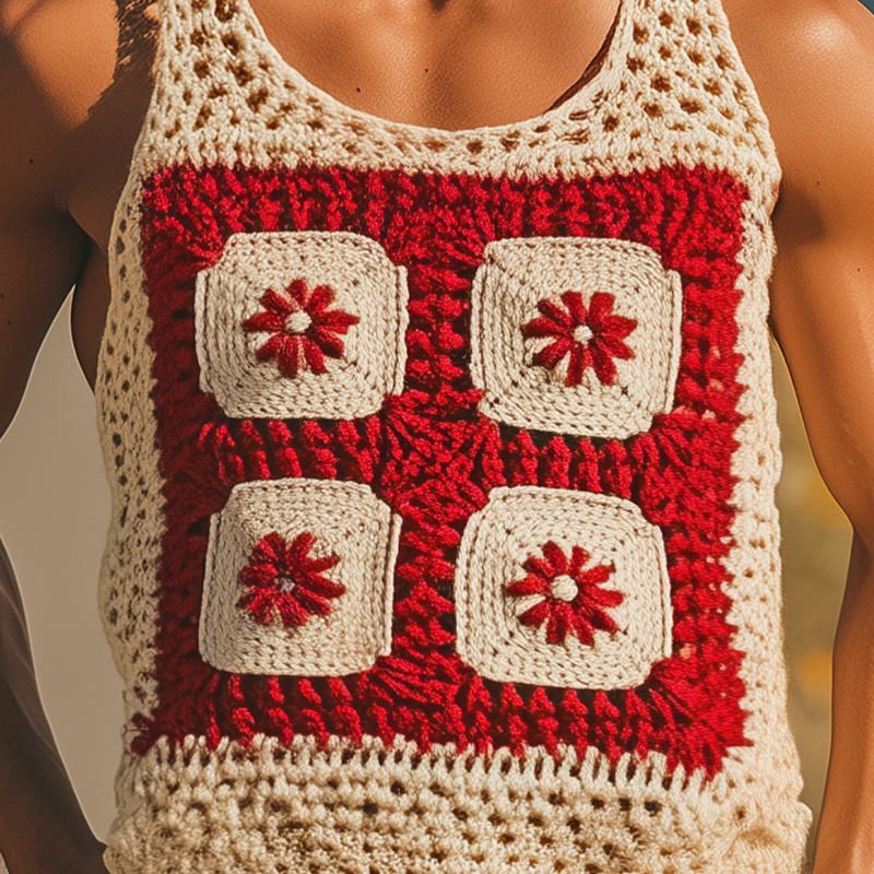 Men's Summer Fashion Casual Hollow Crochet Flower Knitted Tank Top MTA2773F5K