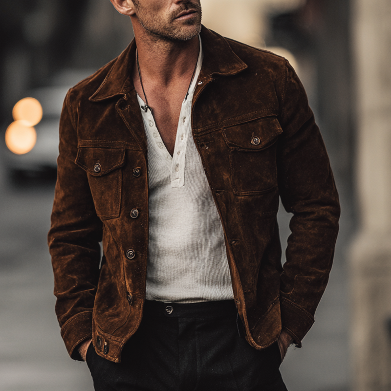 Men's Retro Solid Color Suede Slim Fit Jacket MTA1594H5X