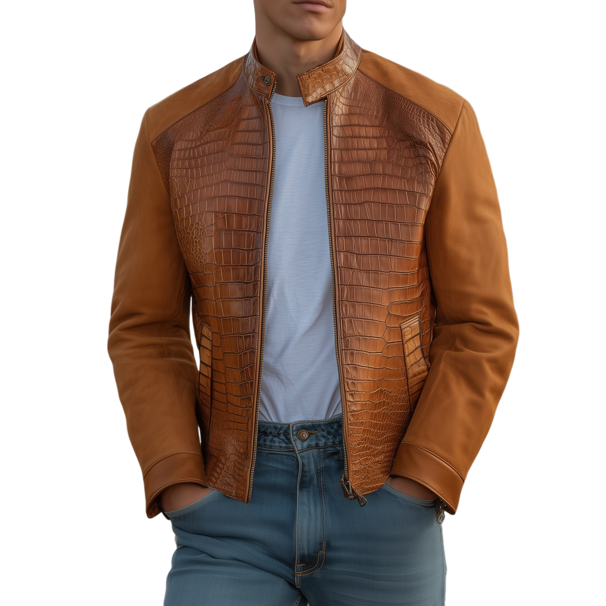 Men's Classic Retro Western Cowboy Style Stand Collar Textured Leather And Suede Zipper Jacket MTA0539H0K