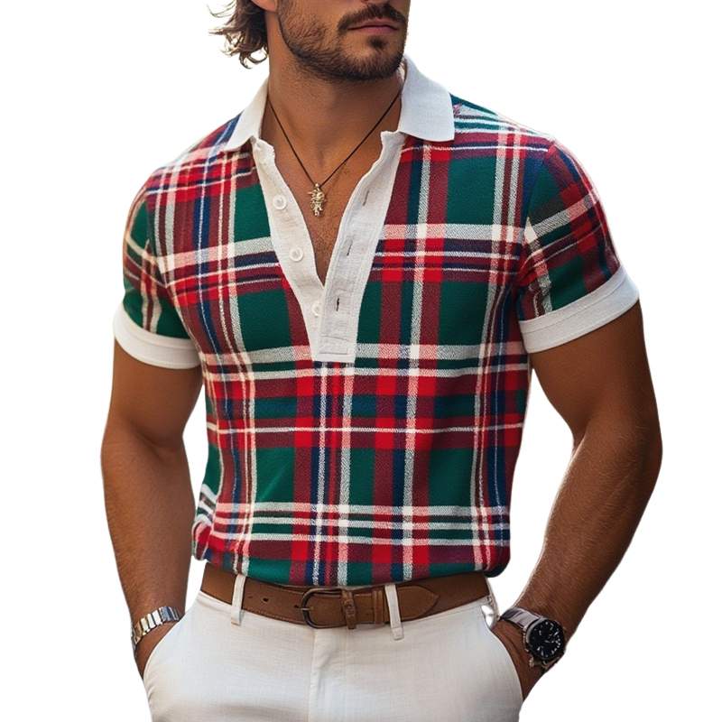 Men's Plaid Lapel Short Sleeve Polo Shirt MTA1352F5Z