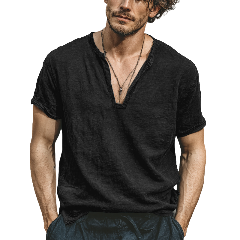 Men's Linen Blend V-Neck Short Sleeve T-Shirt MTA0253G9X