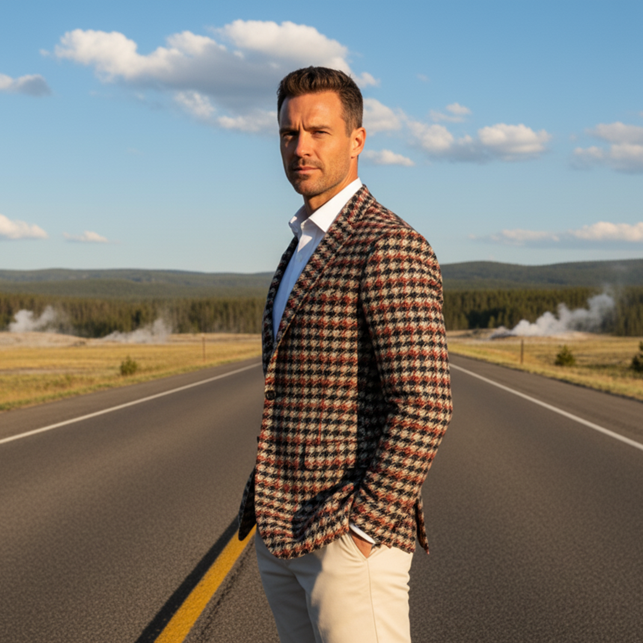 Men's Classic Light Business Contrast Faux Woolen Houndstooth Single-breasted Blazer MTA2282I1K