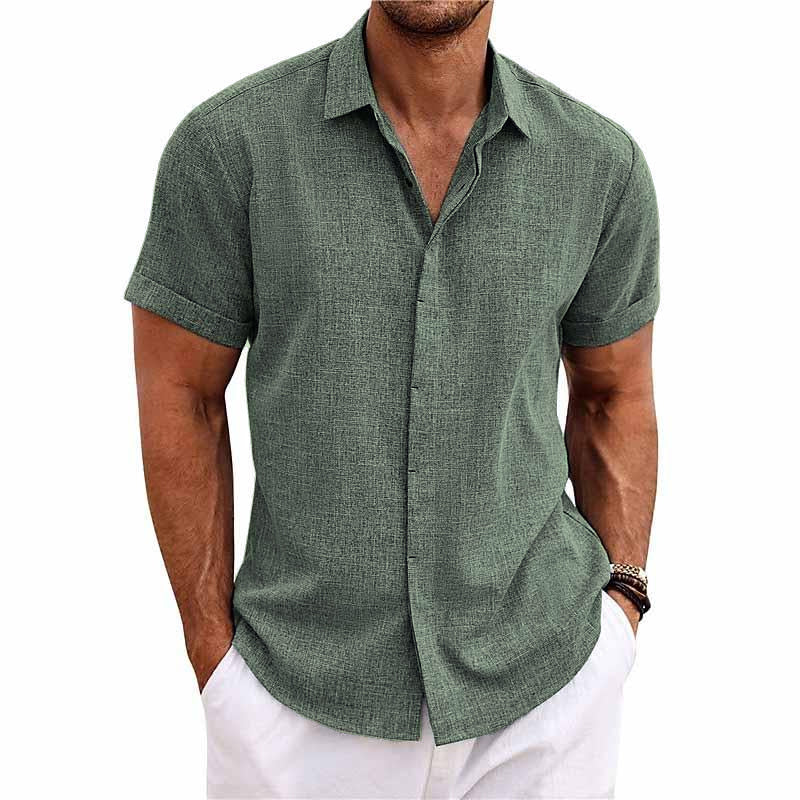 Camisa de lino y algodón con solapa de color liso para hombre, manga corta, 82339241X