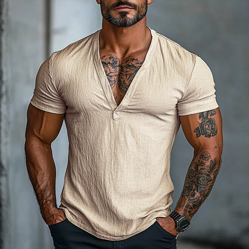 Men's Solid Color V-neck Short-sleeved Cotton T-shirt 42809952X