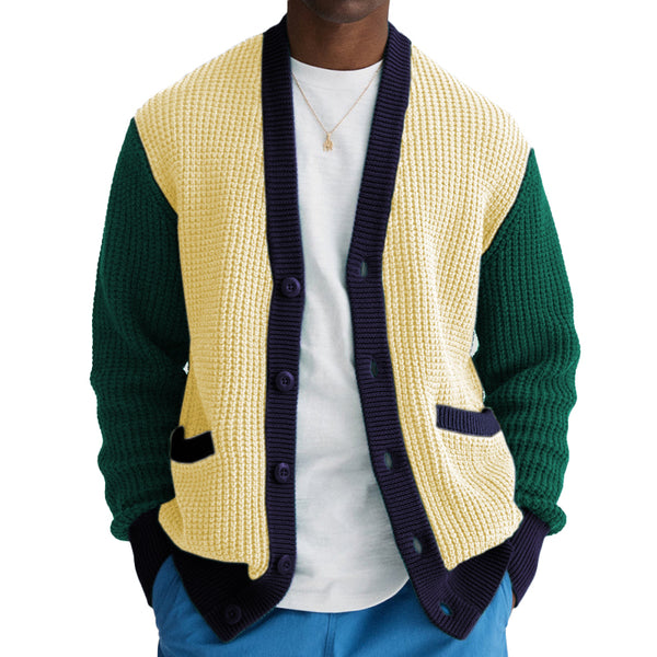 Men's Casual Colorblock Patch Pocket Long Seeve Single Breasted Knitted Cardigan 45627842M