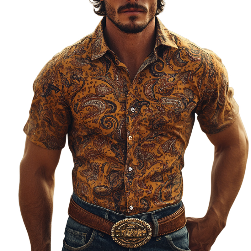 Men'S Retro Western Cowboy Style Perris Print Lapel Short Sleeve Shirt MTA0984E0TO