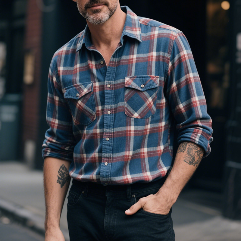 Men's Retro Casual Plaid Print Pocket Lapel Long Sleeve Shirt MTA1015G6TO