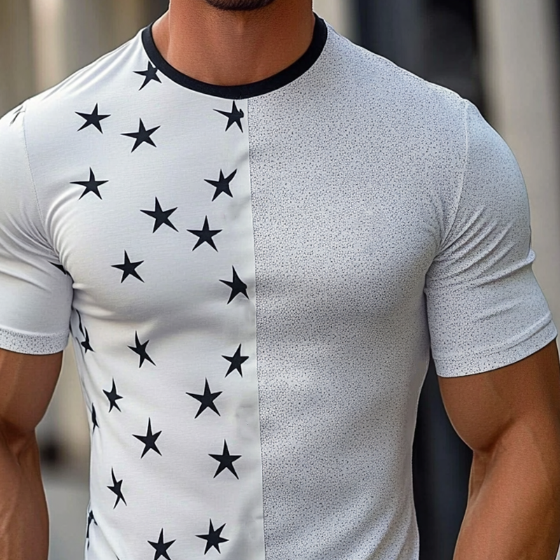 Men's Round Neck Patchwork Printed Cotton Blend Short-sleeved T-shirt MTA2452G1X
