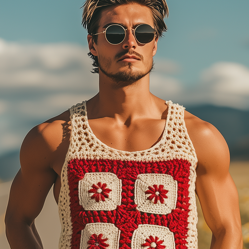 Men's Summer Fashion Casual Hollow Crochet Flower Knitted Tank Top MTA2773F5K