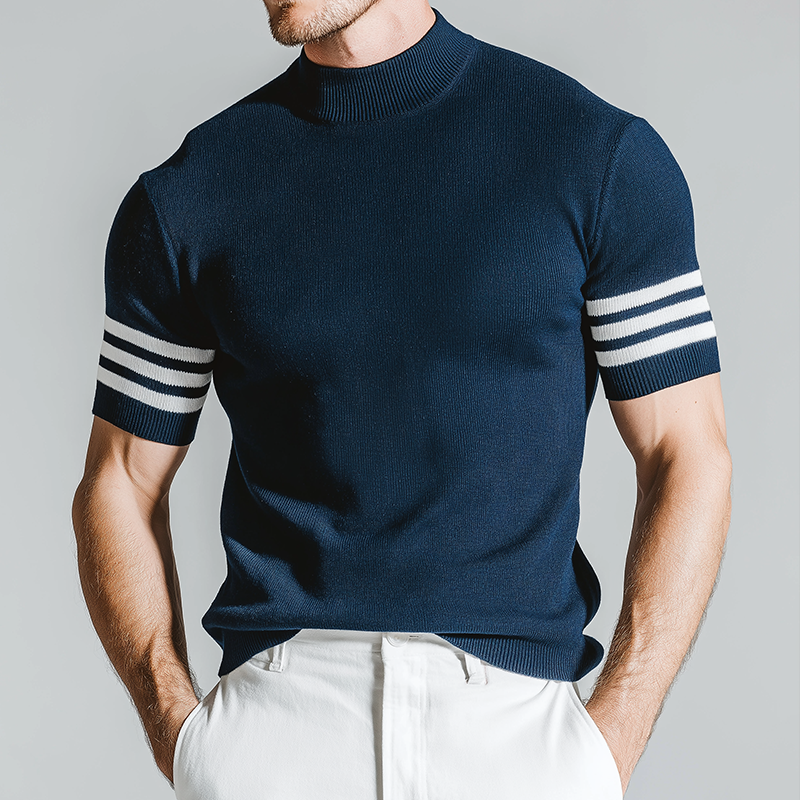 Men's Retro Casual Knit Striped High Neck Short Sleeve T-Shirt MTZ0456B2TO