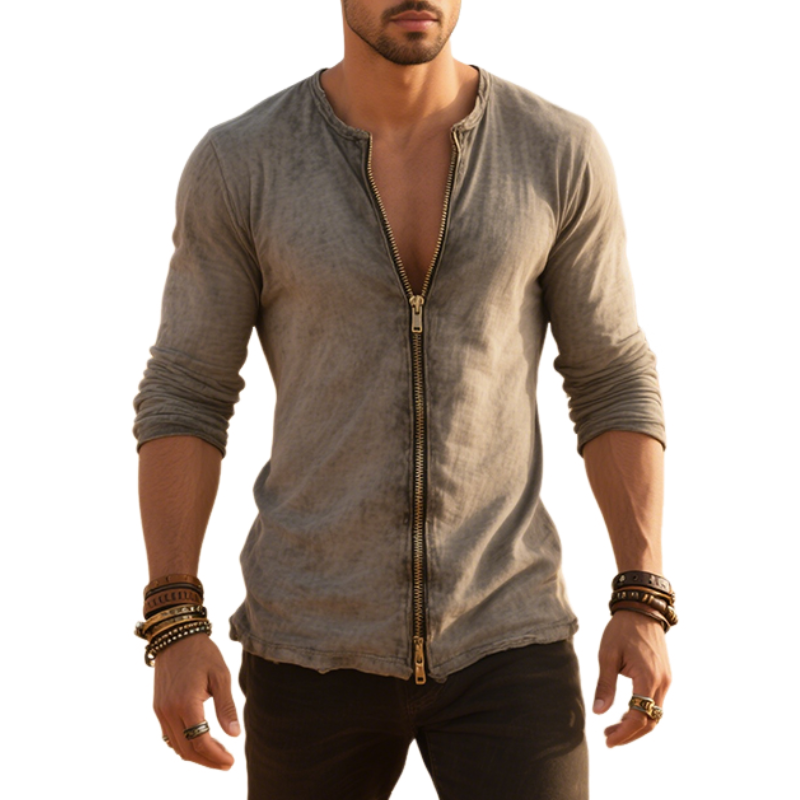 Men's Retro Casual Cotton Washed Batik Zipper Round Neck Long Sleeve T-Shirt MTA3061E4TO