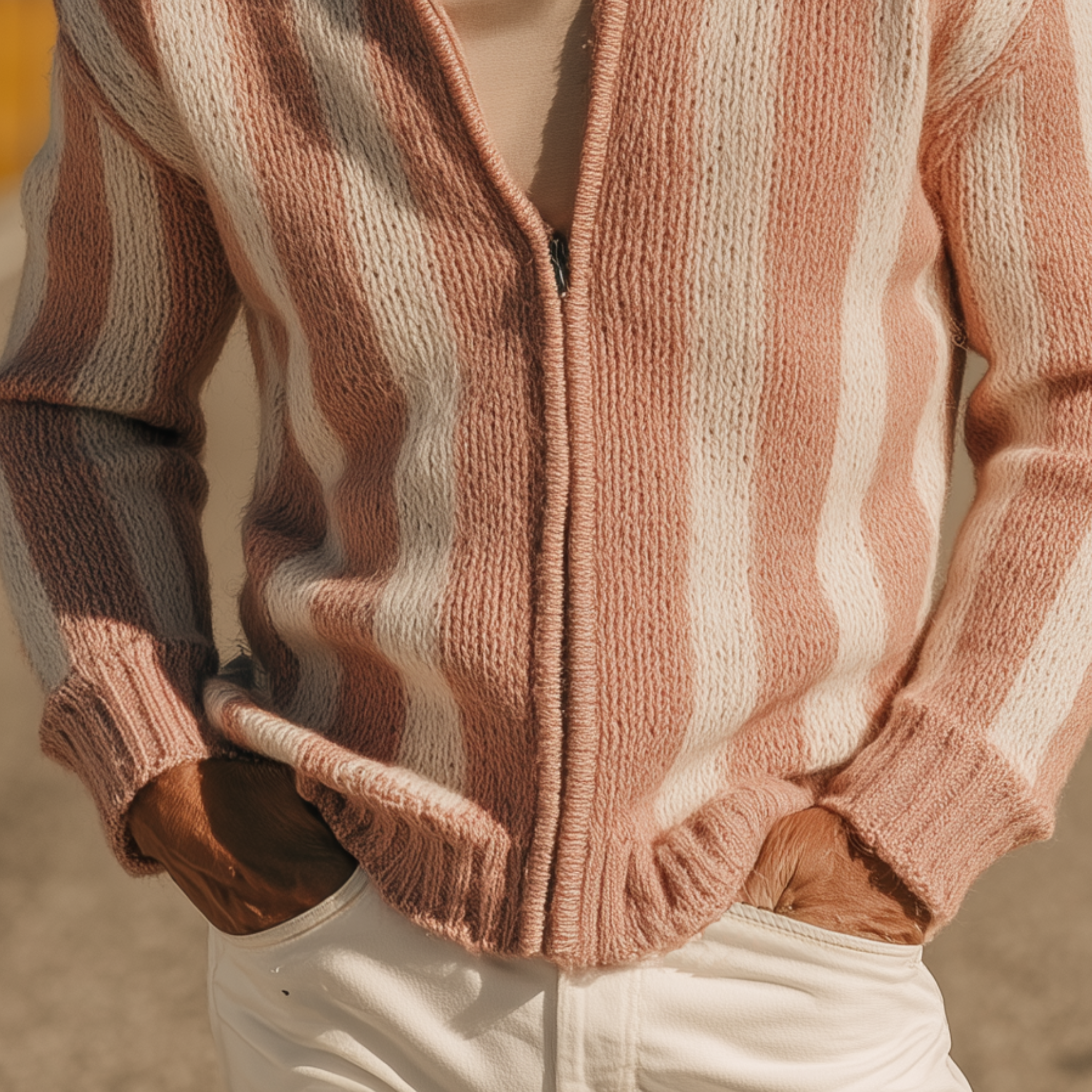 Men's Classic Casual Western Tough Style Stand Collar Zipper Striped Knitted Cardigan MTA0854I7K
