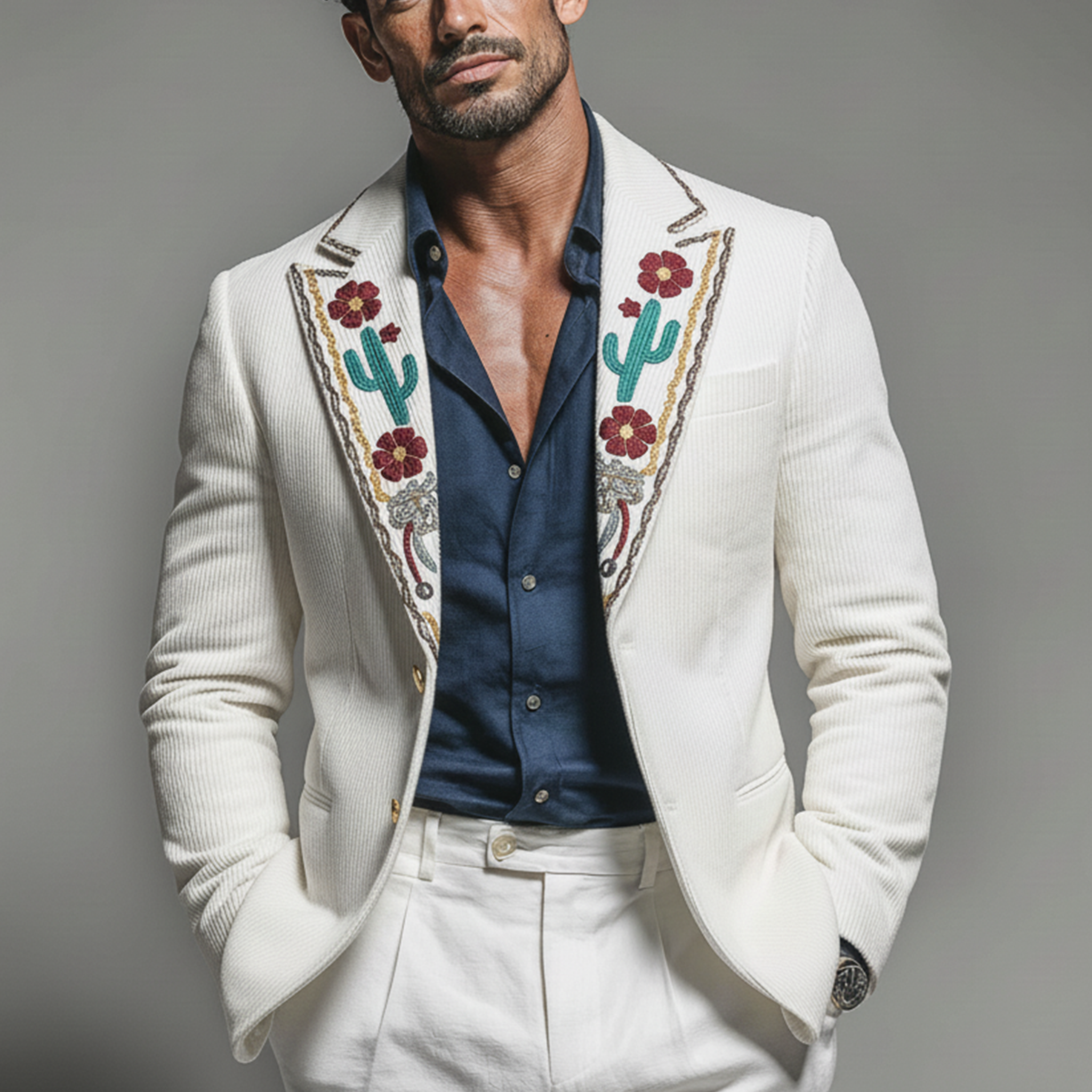 Men's Classic Retro Embroidered Corduroy Slim-fit Blazer MTA2923K2K