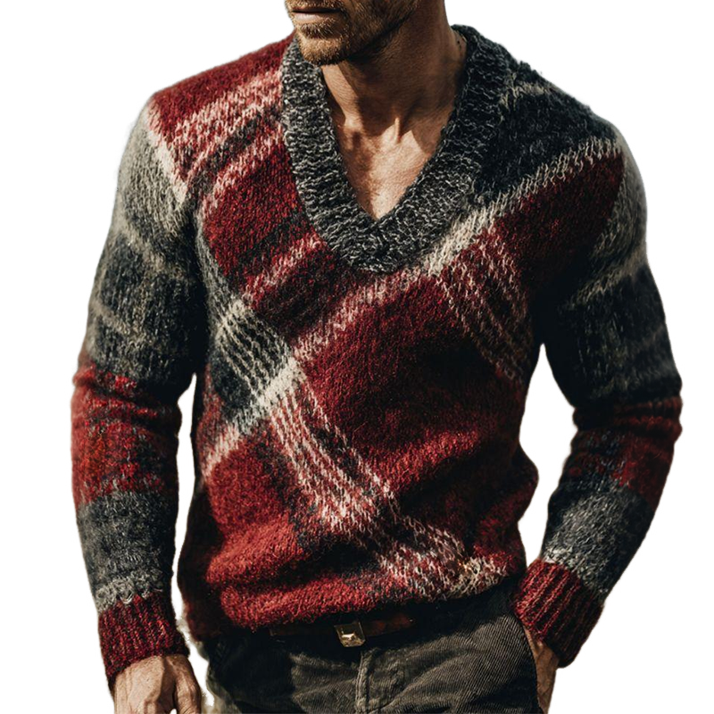 Men's Retro Casual Plaid Knit V-Neck Sweater MTA1273K6TO