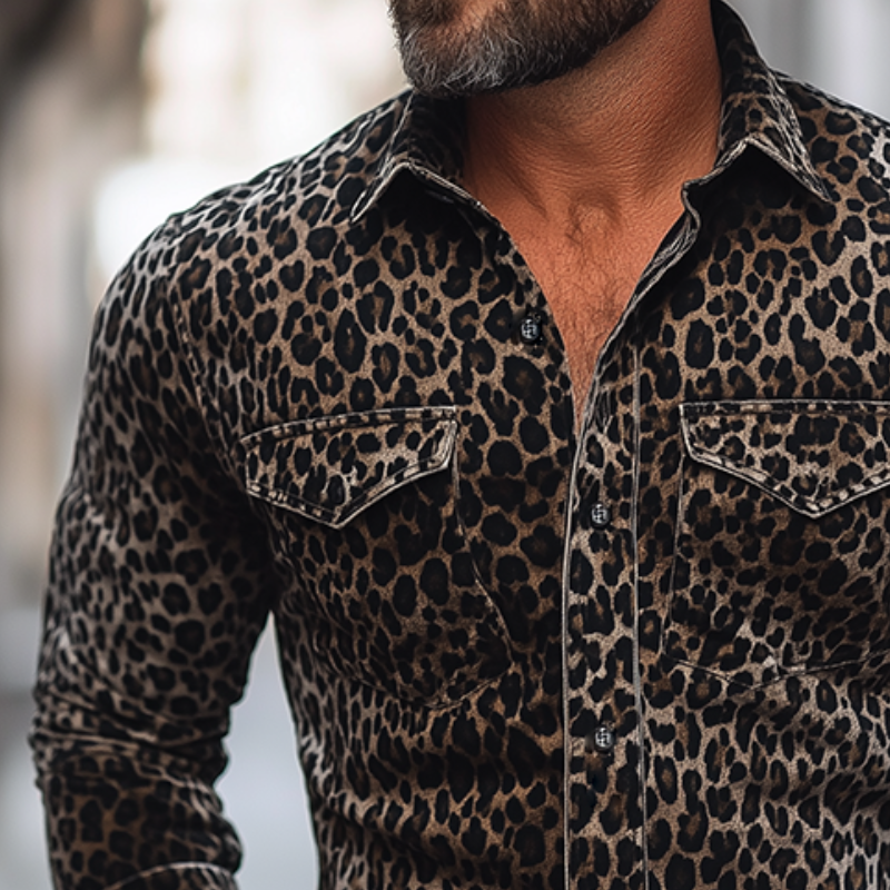 Men's Retro Casual Western Style Leopard Print Corduroy Lapel Long Sleeve Shirt MTA1903H2TO