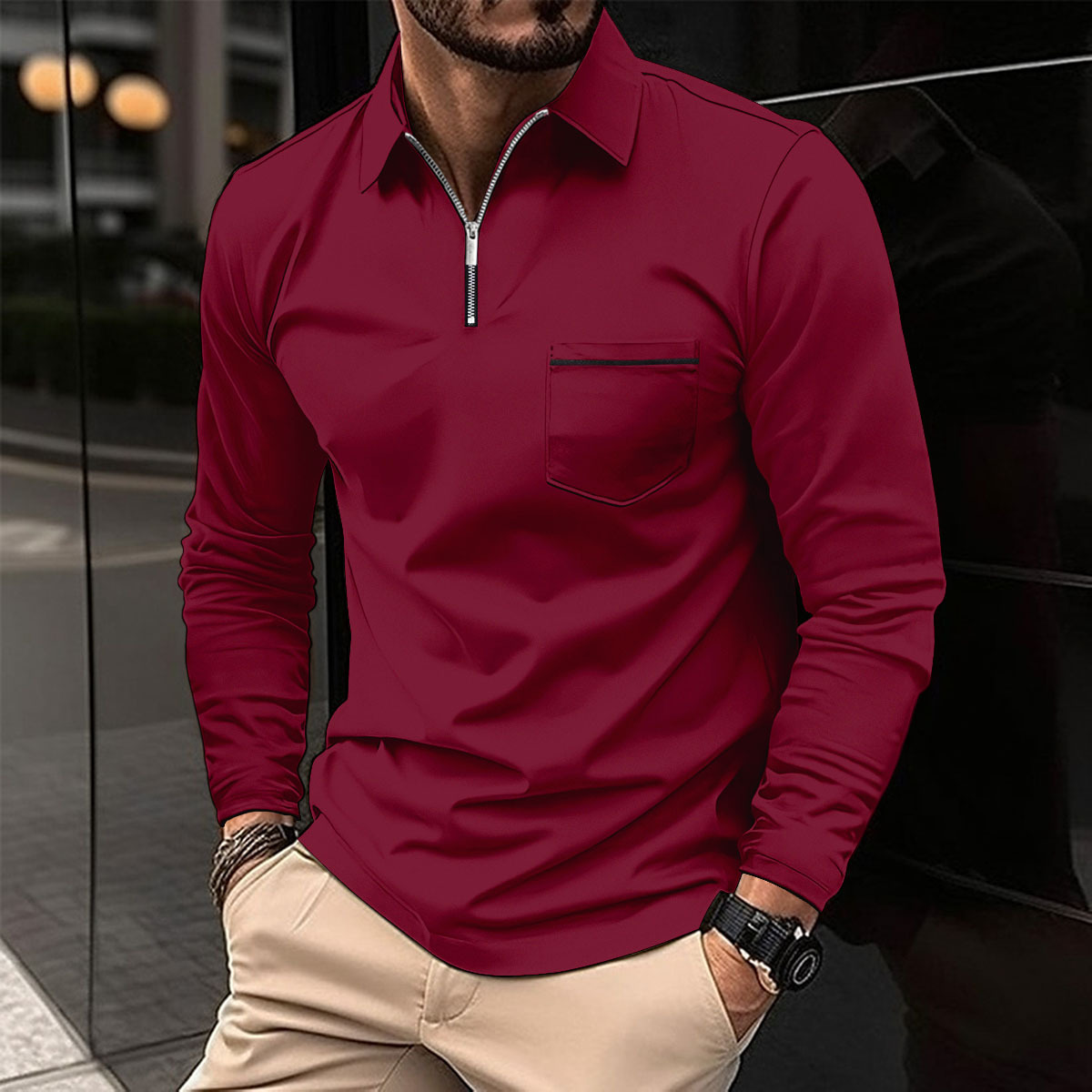 Men's Solid Zipper Lapel Breast Pocket Long Sleeve Polo Shirt 49740491Z